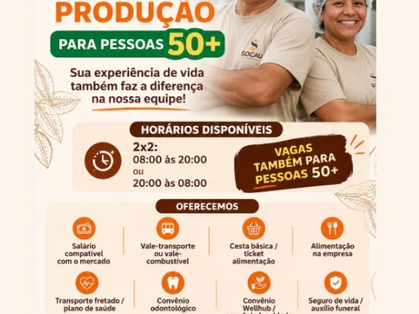SOCAU abre vagas de Auxiliar de Produção para Pessoas 50+