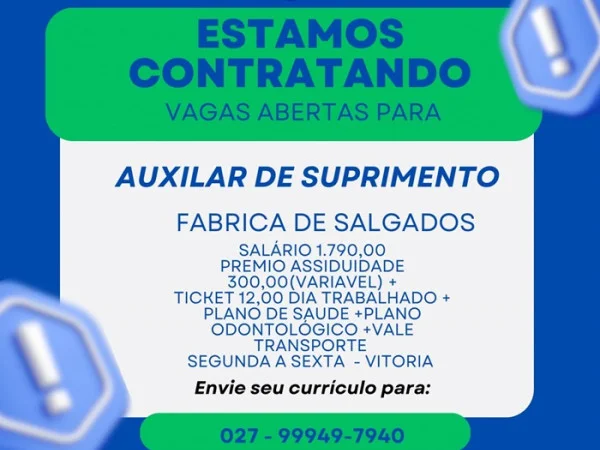 Vaga para Auxiliar de Suprimento