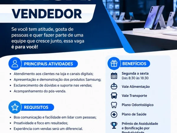 Samsung Smart Center contrata Vendedor