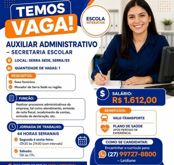 Escola Interativa contrata Auxiliar Administrativo - Secretaria Escolar