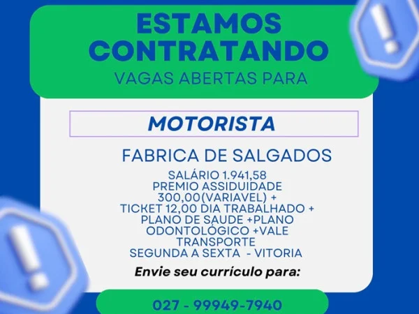 Fábrica de Salgados contrata Motorista