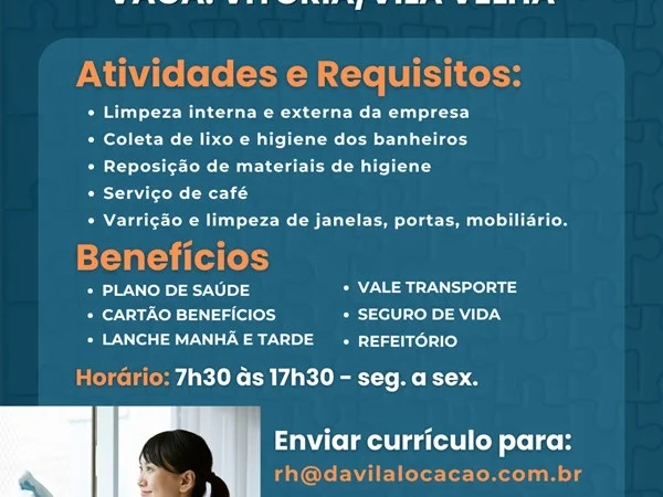 Vaga de Auxiliar de Serviços Gerais - Vitória e Vila Velha