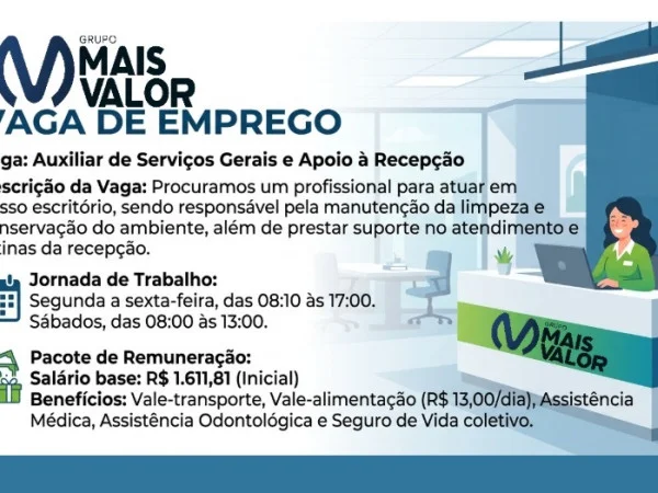 Vaga para Auxiliar de Serviços Gerais e Apoio à Recepção