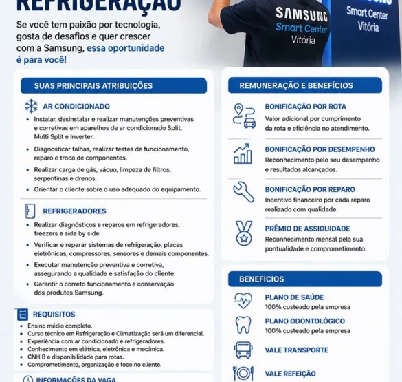 Samsung Smart Center contrata Técnico de Refrigeração