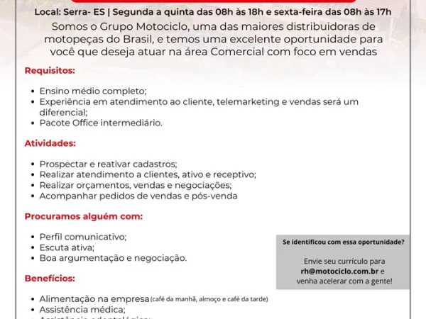 Grupo Motociclo contrata Consultor de Vendas - Televendas