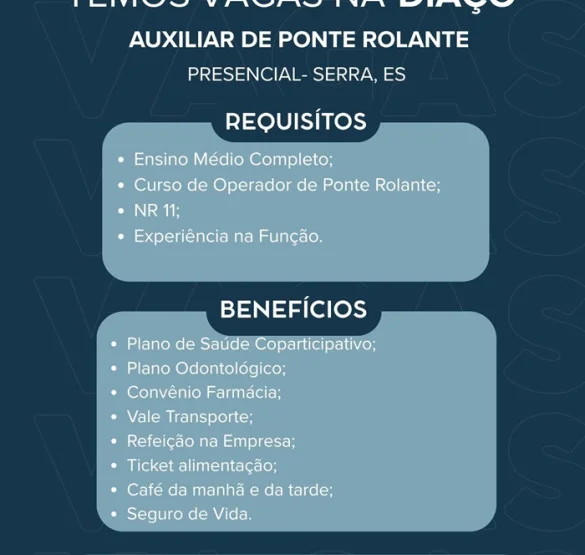 DIAÇO Distribuidora de Aço contrata Auxiliar de Ponte Rolante