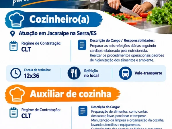 Vagas para Cozinheiro(a) e Auxiliar de Cozinha