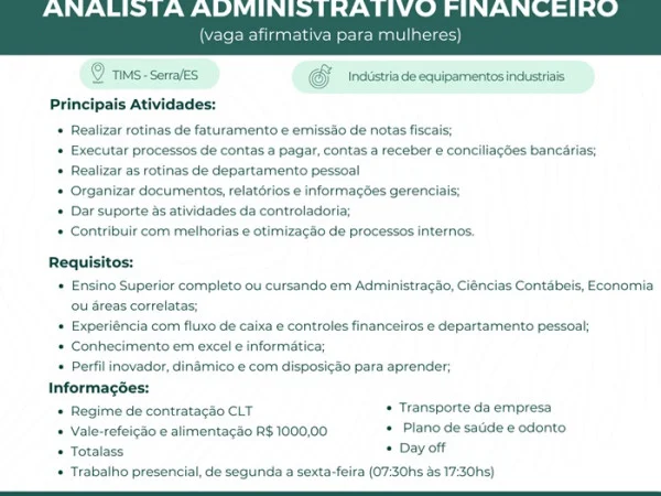 Analista Administrativo Financeiro (vaga afirmativa para mulheres)