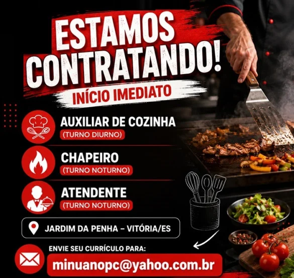 Vagas para Auxiliar de Cozinha, Chapeiro e Atendente
