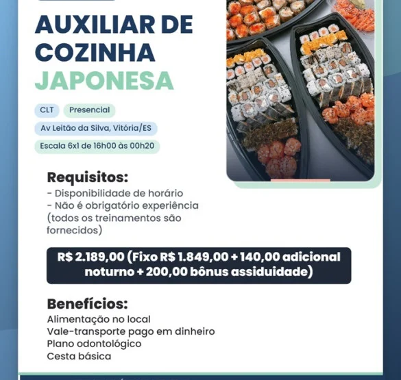 Vaga para Auxiliar de Cozinha Japonesa (Vitória)