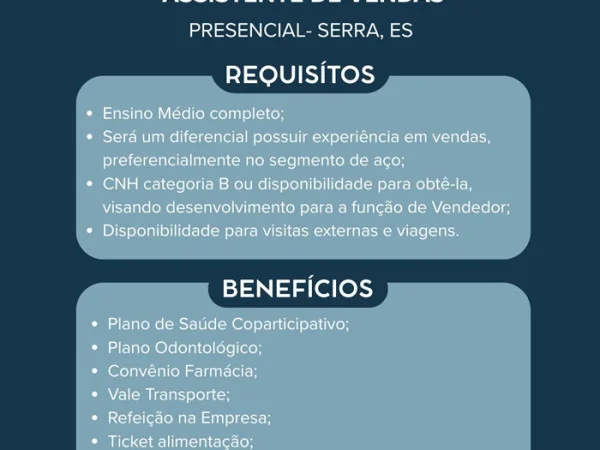 DIAÇO contrata Assistente de Vendas
