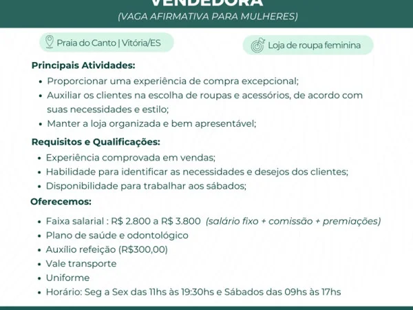 Vaga de Vendedora ( R$ 2.800,00 a R$3.800,00 - Praia do Canto - Vitória/ES )