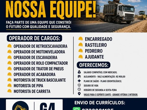 G4 Locação e Pavimentação abre vagas para profissionais da Construção Civil no ES
