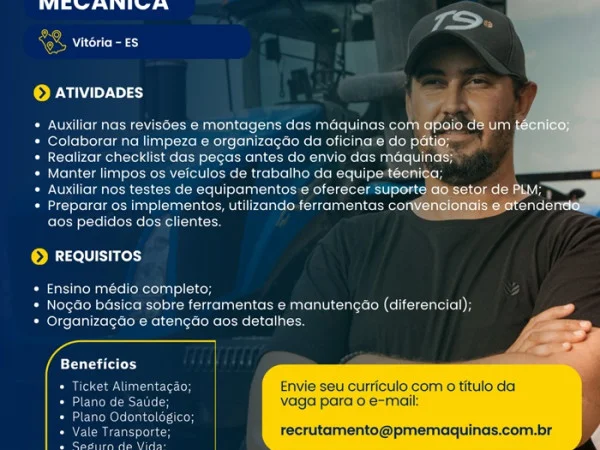 PME Máquinas contrata Auxiliar de Mecânica