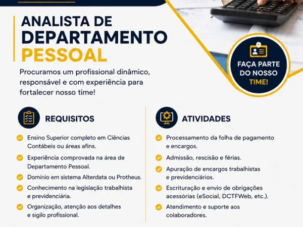 VAGA DE ANALISTA DE DEPARTAMENTO PESSOAL