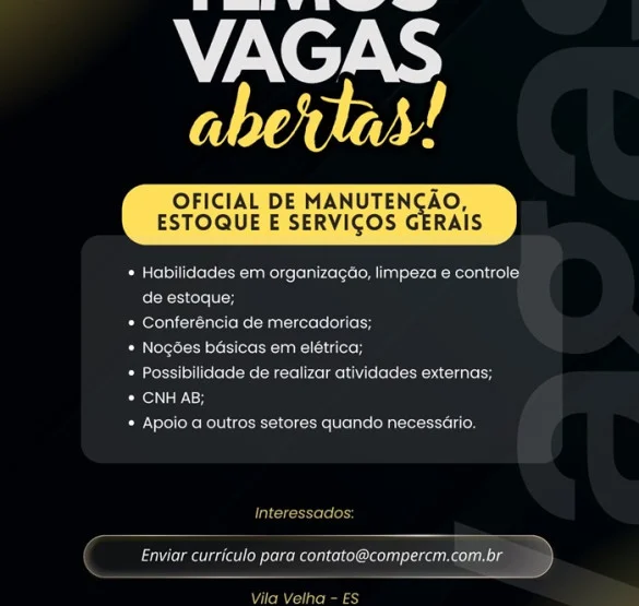Vaga para Oficial de Manutenção, Estoque e Serviços Gerais