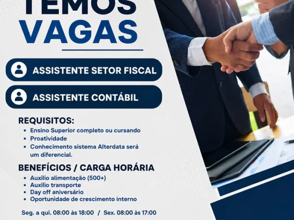 Vagas para Assistente de Setor Fiscal e Assistente Contábil