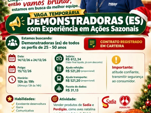 VAGAS PARA DEMONSTRADORAS (ES) com Experiência em Ações Sazonais