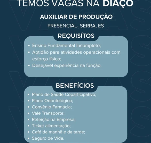 DIAÇO Distribuidora de Aço contrata Auxiliar de Produção