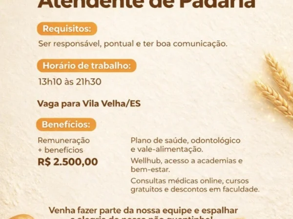 Vaga para Atendente de Padaria | Vila Velha 