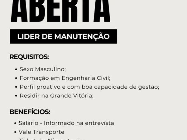 Vaga para Líder de Manutenção
