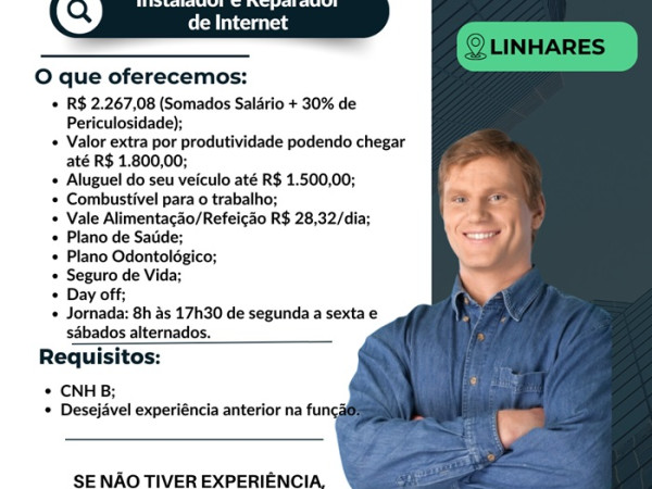 VAGA DE INSTALADOR E REPARADOR DE INTERNET