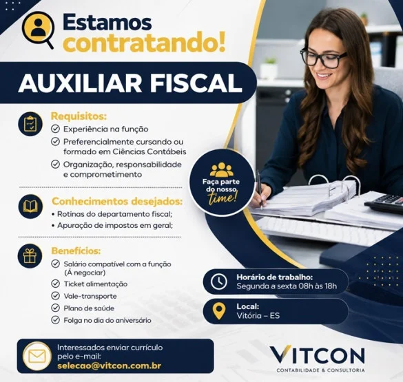Escritório contábil contrata Auxiliar Fiscal