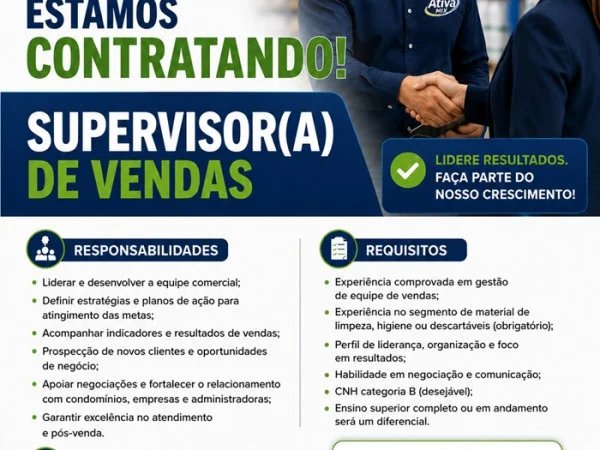 Vaga para Supervisor(a) de Vendas (Ativa MIX)