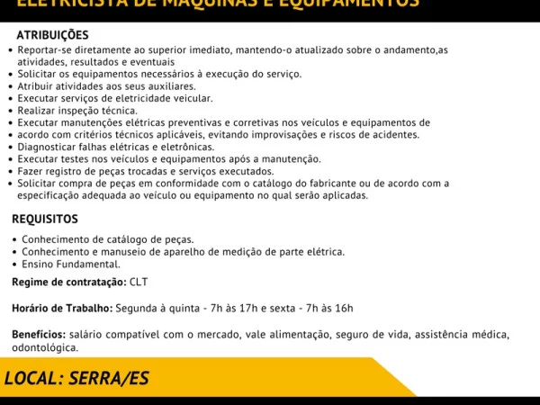 Grupo A. MADEIRA contrata Eletricista de Máquinas e Equipamentos