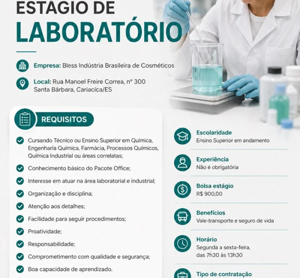 Bless Cosméticos contrata Estagiário de Laboratório