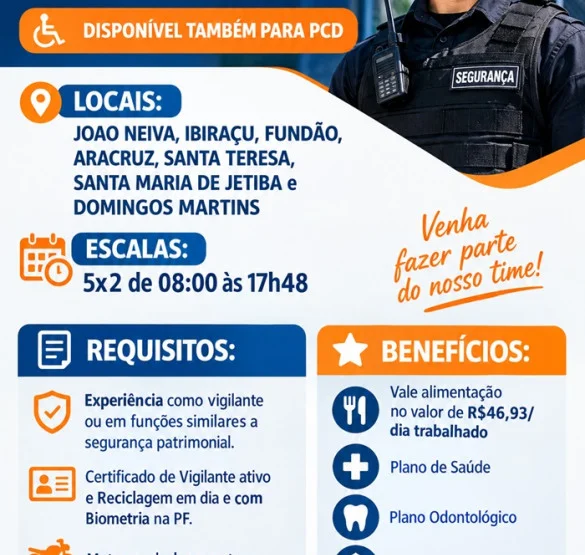 VAGA DE VIGILANTE (JOAO NEIVA, IBIRAÇU, FUNDÃO, ARACRUZ, SANTA TERESA, SANTA MARIA DE JETIBA e DOMINGOS MARTINS)