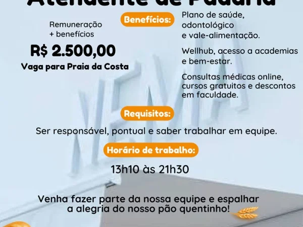 Vaga para Atendente de Padaria | Praia da Costa