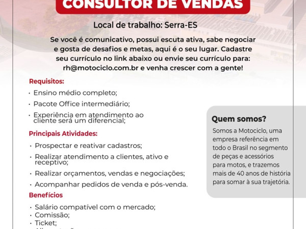 Grupo Motociclo contrata Consultor de Vendas