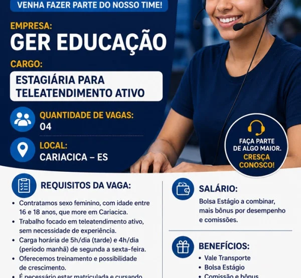 Vaga para Estagiária para teleatendimento ativo
