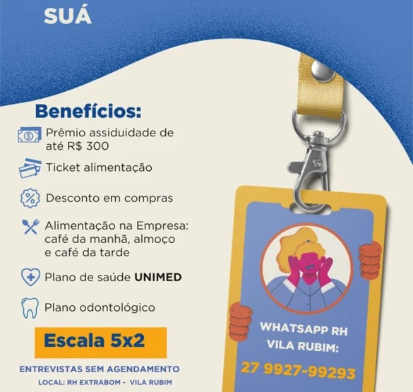 Vaga de Auxiliar de Limpeza para o EXTRABOM PRAIA DO SUÁ