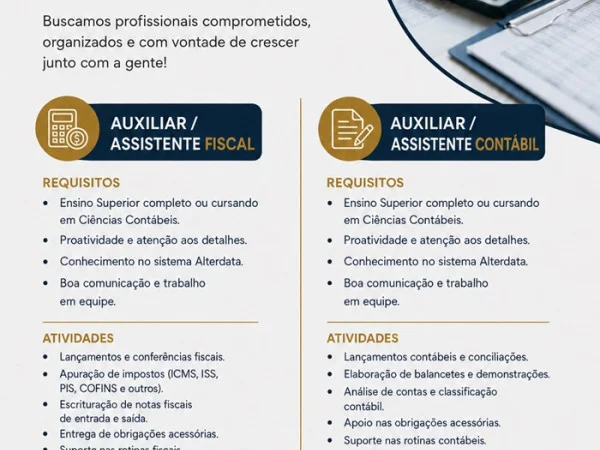 Vagas para Assistente de Setor Fiscal e Assistente Contábil