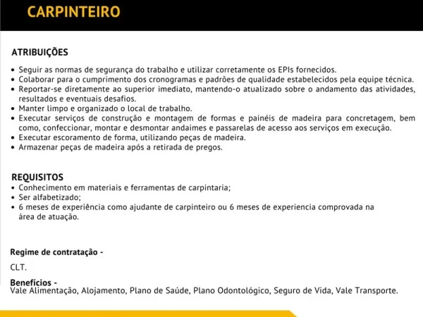 Grupo A. MADEIRA contrata Carpinteiro 
