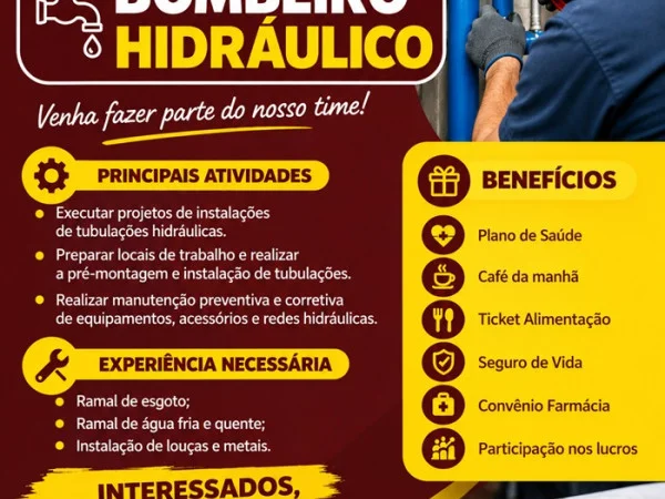 VAGA PARA BOMBEIRO HIDRÁULICO