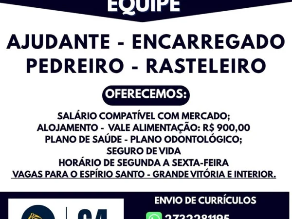 G4 Locação e Pavimentação abre vagas para Ajudante, Encarregado, Pedreiro e Rasteleiro