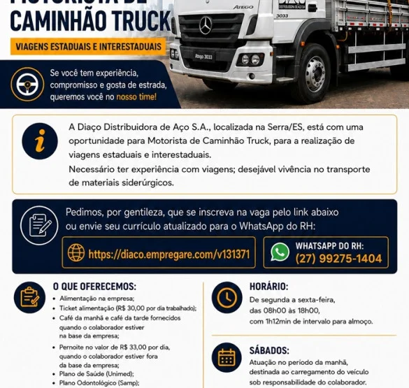 DIAÇO Distribuidora de Aço contrata  Motorista de Caminhão Truck