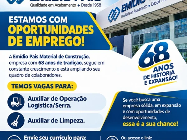Emídio Pais Material de Construção abre vagas de Emprego