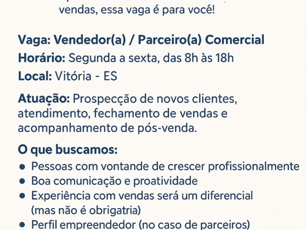 OPORTUNIDADE PARA VENDEDOR(A)