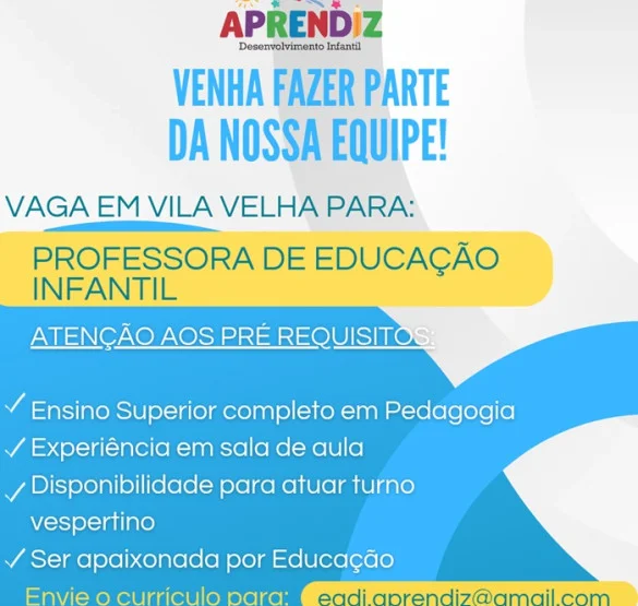 VAGA PARA PROFESSORA DE EDUCAÇÃO INFANTIL