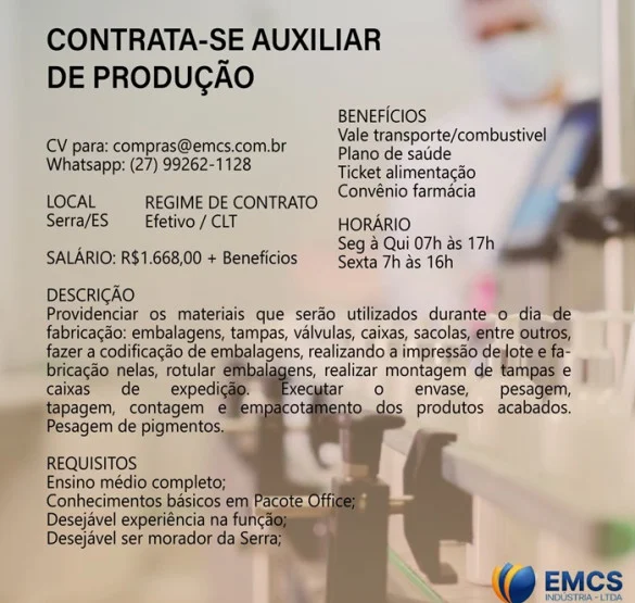 EMCS Indústria contrata Auxiliar de Produção