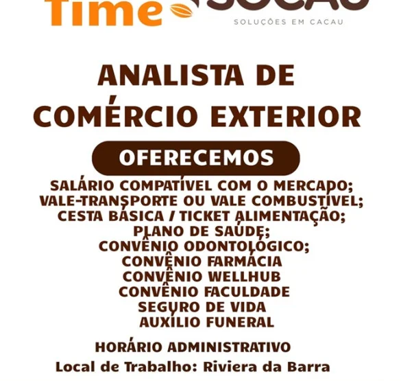 SOCAU – Soluções em Cacau contrata Analista de Comércio Exterior
