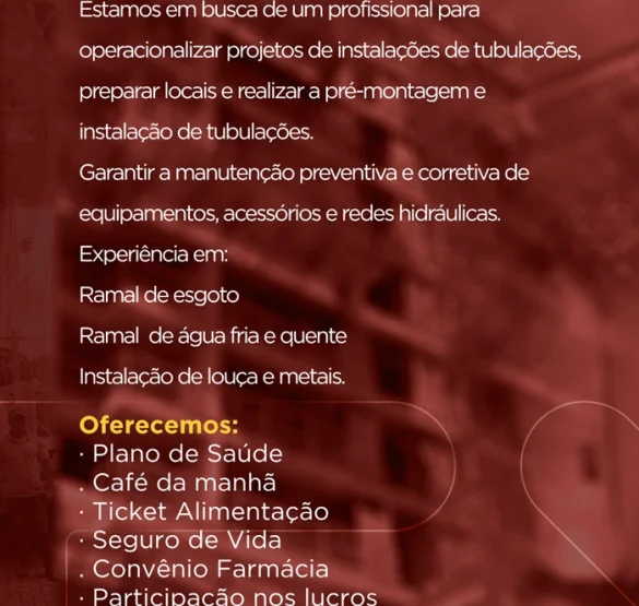 VAGA PARA BOMBEIRO HIDRÁULICO