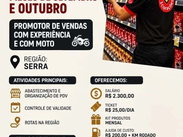 Vaga para Promotor de Vendas com Experiência e com Moto