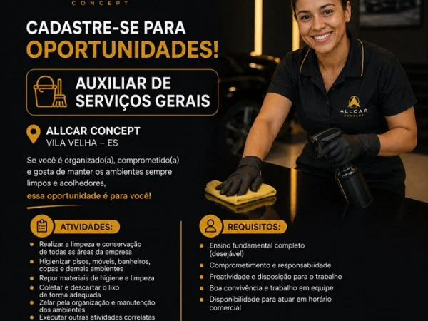 Auxiliar de Serviços Gerais - Allcar Concept - Itapuã - Vila Velha/ES