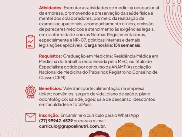 Grupo Alinutri contrata Médico do Trabalho