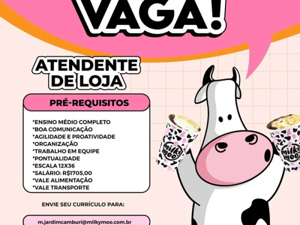 MILKY MOO CONTRATA ATENDENTE DE LOJA